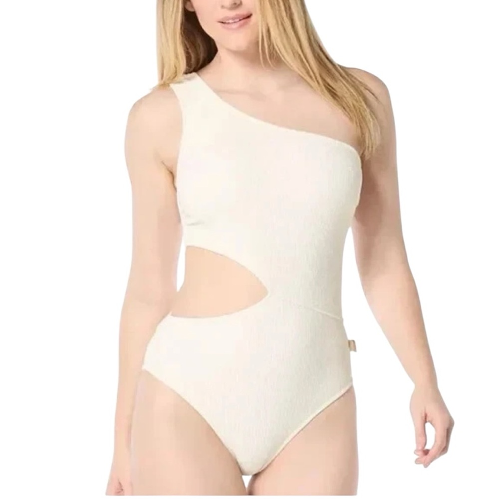 Michael Kors One-Shoulder Side-Cutout Swimsuit - cream